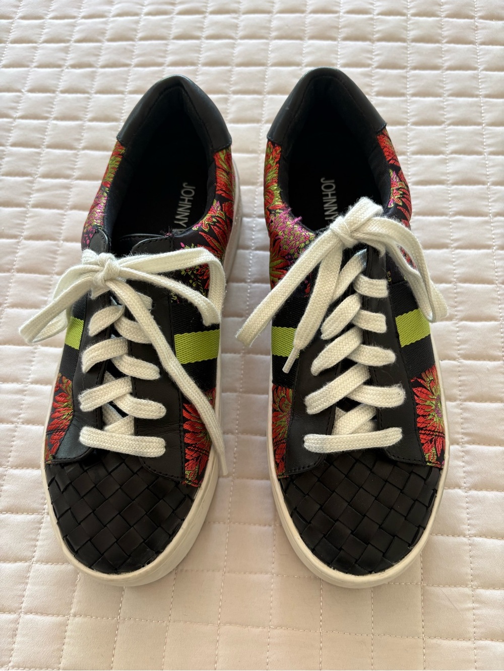 Johnny Was Black Floral Low-Top Sneakers with Lime Accent